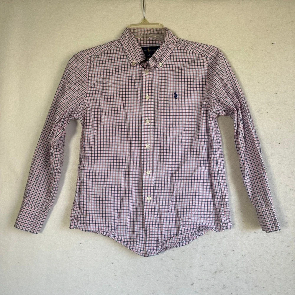 Ralph Lauren Boys Pink Navy Blue Check Button Down Shirt Size M 10-12